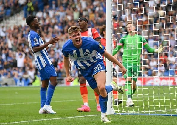 Evan Ferguson of Brighton & Hove Albion celebrates after scoring the team's fourth goal during the Premier League match against Luton Town