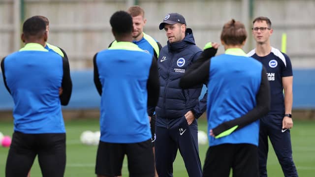 Brighton boss Fabian Hurzeler leads the training session ahead of their clash at Chelsea this Saturday