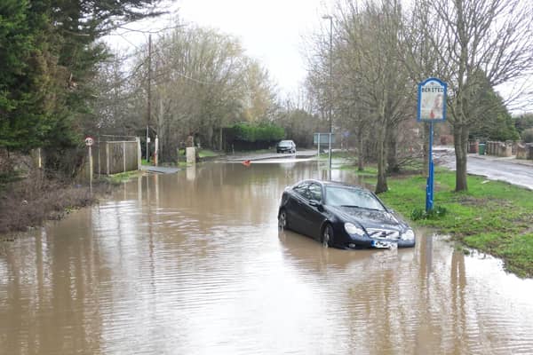 A car stuck in flood water on the A29 Shripney Road Road yesterday.