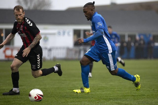 Selsey;s Akil Alleyne takes on the Oakwood defence
