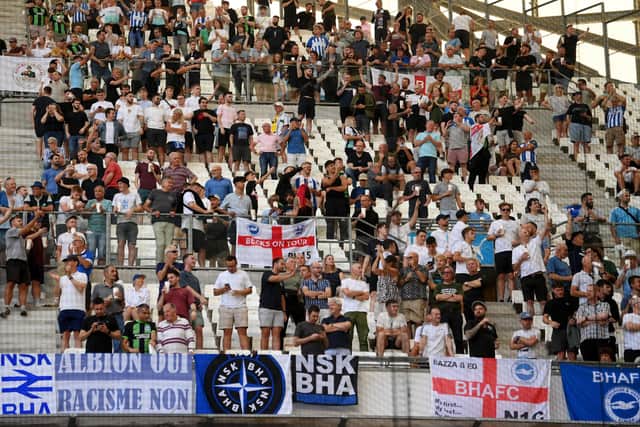 Fans of Brighton & Hove Albion look on prior tong the UEFA Europa League match between Olympique de Marseille and Brighton & Hove Albion at Stade Velodrome (Photo by Mike Hewitt/Getty Images)