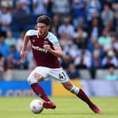 Declan Rice of West Ham attacks during the Premier League match between Brighton & Hove Albion and West Ham United at American Express Community Stadium on May 22, 2022 in Brighton, England. (Photo by Charlie Crowhurst/Getty Images)