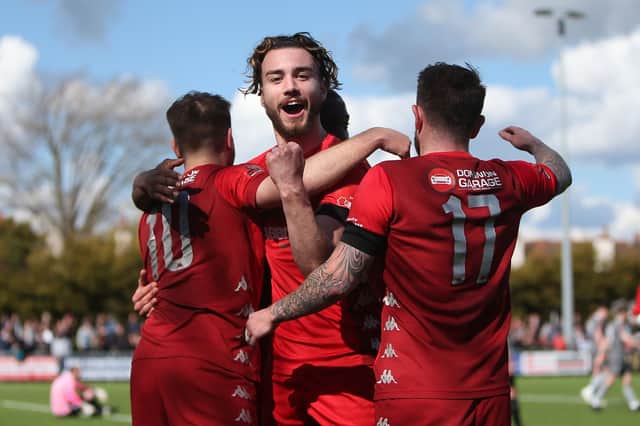 Worthing celebrate one of the seven goals they put past Concord - see more of Mike Gunn's pictures in the link above