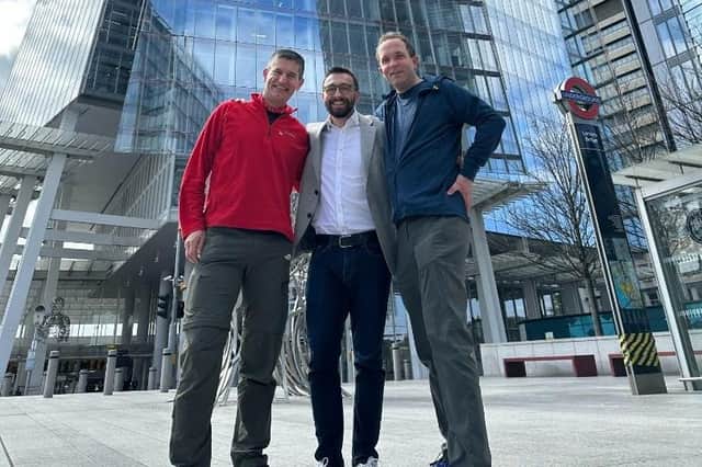 Edward Cooke (right) with Dr Adrian Hamilton (left) and founder of Opora, Yegor Lanovenko (centre) outside the Shard in London at the start of Edward and Adrian’s walk
