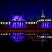The Royal Pavilion in Brighton is lit up for Queen's Platinum Jubilee,  Credit Simon Dack / Alamy Live News