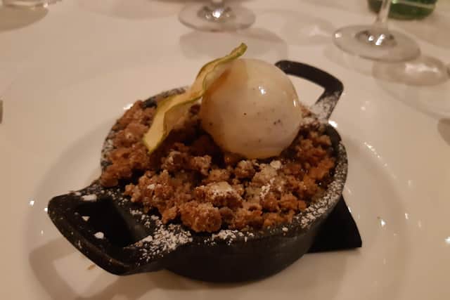 Apprentices prepare a superb meal at The Kennels at Goodwood. Here is the dessert - apple and pear crumble.