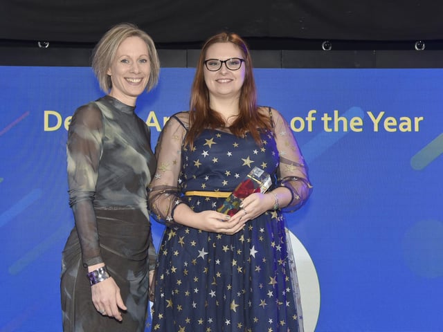 Pictured is: (left) Fiona Stilwell CEO of Peta presenting Emma Morris of The Weald Community School and Sixth Form College in West Sussex and West Sussex County Council, who won the Degree Apprentice of the Year award.