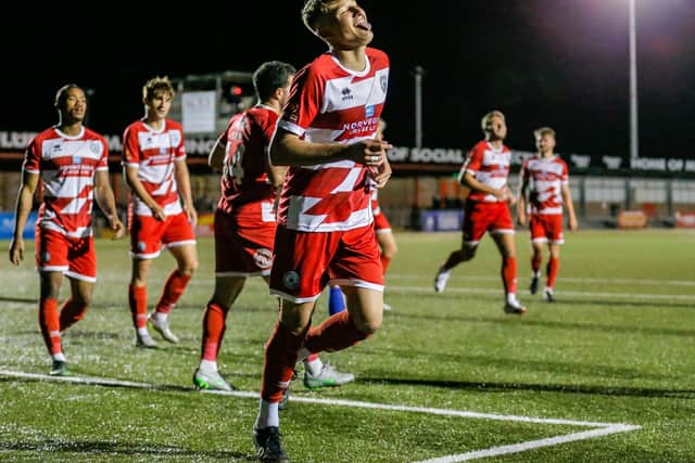 Fletcher Holman celebrates one of his five goals against Billingshurst | Picture: Lydia Redman