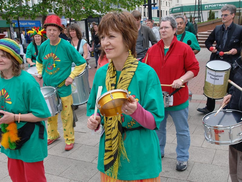 Celebration Samba in the early days, performing in South Street, Worthing, in July 2007
