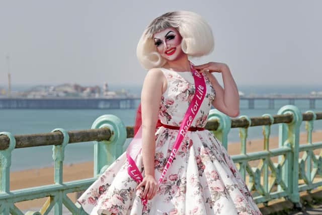 Proud Cabaret's Lydia L'Scabies on Brighton seafront to promote Race for Life