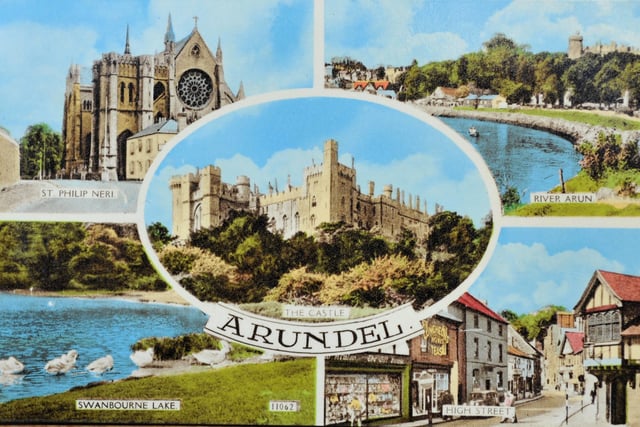 The colour Arundel postcard features Arundel Castle, swans on Swanbourne Lake, the River Arun, High Street and St Philip Neri - now known as Arundel Cathedral