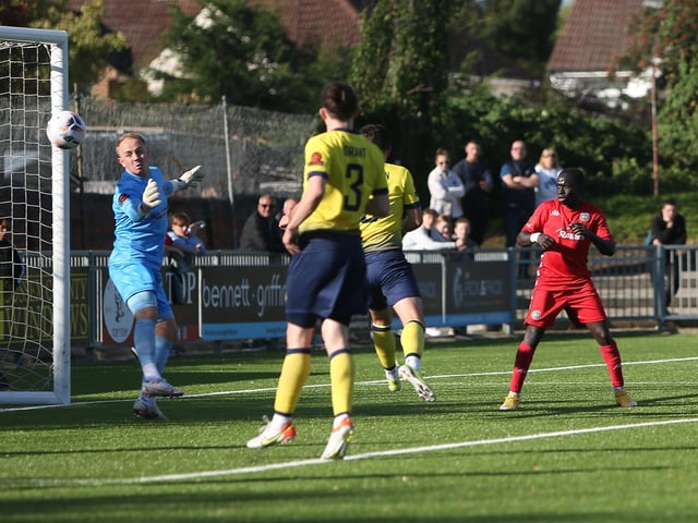 Action from Worthing's National League South clash at home to Farnborough at Woodside Road