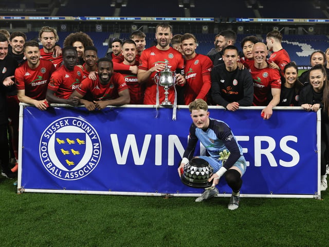Action and celebrations as Worthing take on Bognor Regis Town in the Sussex Senior Cup final at the Amex Stadium - and win 8-7 on penalties