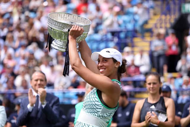 Madison Keys of USA with the trophy after winning the women's singles final against Daria Kasatkina during Day Eight of the Rothesay International Eastbourne at Devonshire Park (Photo by Charlie Crowhurst/Getty Images for LTA)