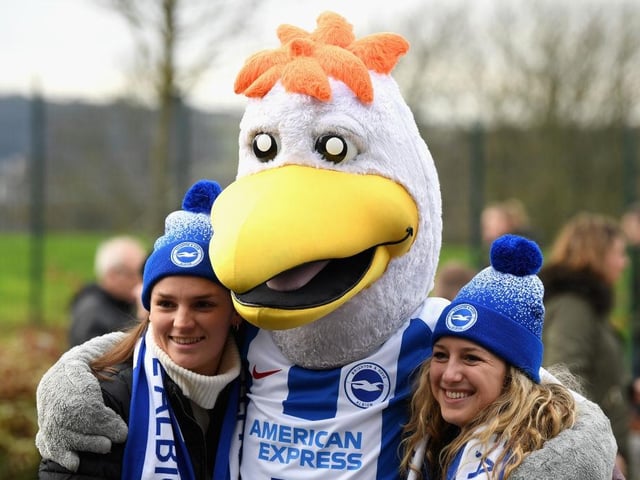 Fans pose with the club mascot ahead of the Premier League match between Brighton & Hove Albion and Everton FC at American Express Community Stadium on December 29, 2018.