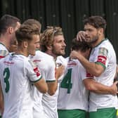Bognor Regis Town celebrate their goal at Potters Bar. Picture: Lynn and Trevor Phillips