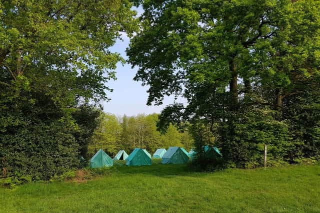 Tents pitched amongst the trees at Blackland Farm activity centre, East Grinstead