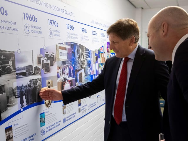 The Vice Lord-Lieutenant of West Sussex, John Barclay, DL speaking to Graham Sanders, managing director at Vent-Axia about Vent-Axia's 90 years of history