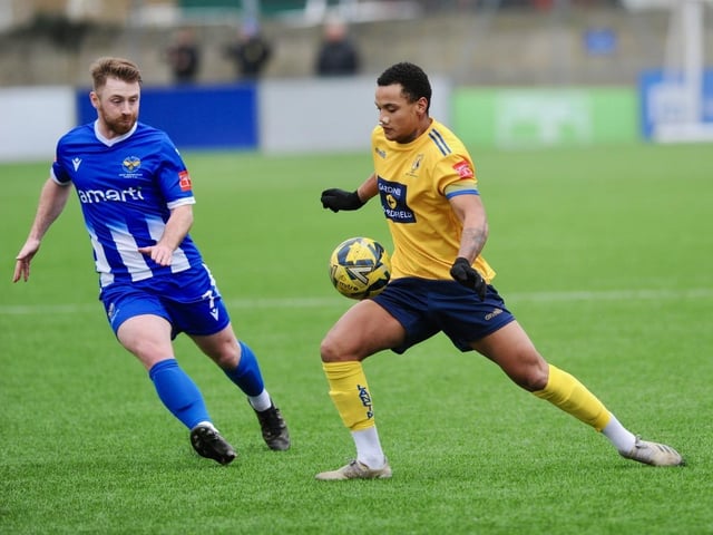 Action from Lancing FC's 1-0 home loss to East Grinstead Town in the Isthmian south east division