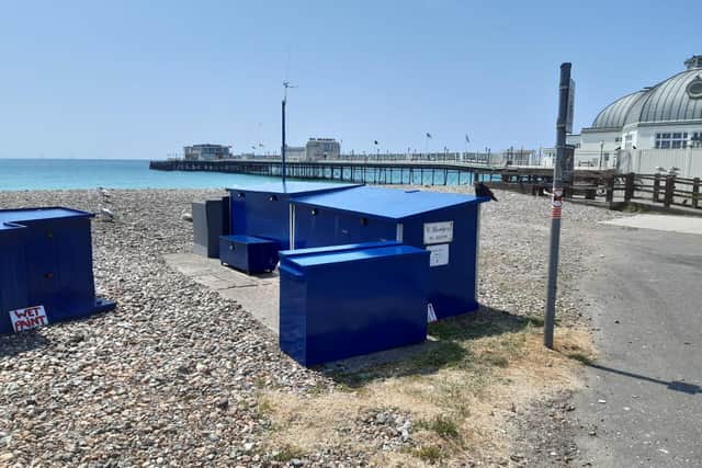 The Bashford fisherman lockers, just east of Worthing Pier, are in what was once known as the fish market area