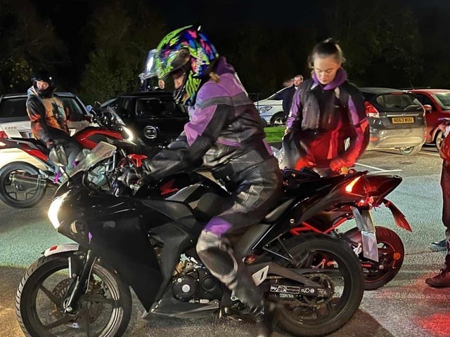 Among those in the convoy was India’s mum, Amanda Buchanan Hills – who was riding her daughter’s pride and joy motorbike, affectionately named Hailey.