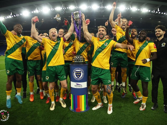 James Hammond’s majestic 95th minute free-kick clinched Horsham FC’s first league and Sussex Senior Cup double in the club’s history.