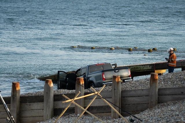 Selsey Coastguard Rescue Team provided ‘safety cover’ after a pickup truck became submerged on East Beach, Selsey