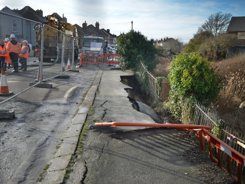 A major sewage leak closed off Bulverhythe Road in St Leonards on February 3 2023.