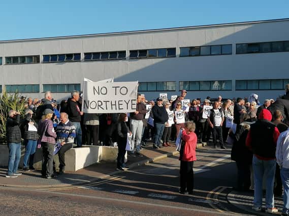 Protestors outside the De La Warr Pavilion, Bexhill, on May 11, 2023 demonstrating against the Northeye plans. Picture by Fi Douglas