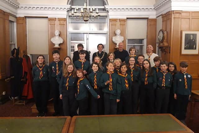 1st Barcombe Scouts at Lewes Town Hall with the Mayor of Lewes Councillor Matthew Bird