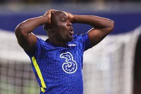 Romelu Lukaku of Chelsea reacts after missing a chance during the Premier League match between Chelsea and Leicester City at Stamford Bridge (Photo by Clive Rose/Getty Images)