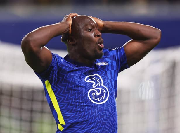 Romelu Lukaku of Chelsea reacts after missing a chance during the Premier League match between Chelsea and Leicester City at Stamford Bridge (Photo by Clive Rose/Getty Images)