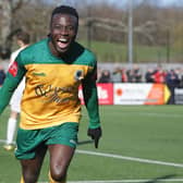 ​Dan Ajakaiye celebrating Horsham’s vital second in their win over Hastings. Pictures by John Lines