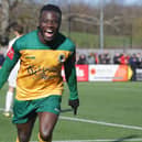 ​Dan Ajakaiye celebrating Horsham’s vital second in their win over Hastings. Pictures by John Lines
