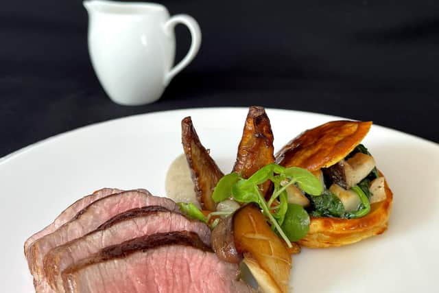 Tornedo of Dry Aged Beef with Wild Mushroom and Artichoke Vol Au Vent