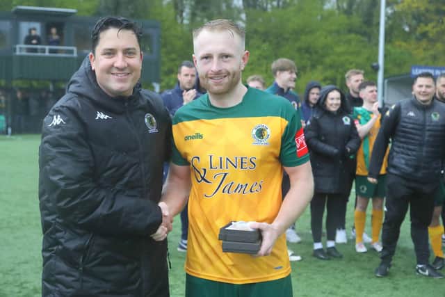 Dominic Di Paola (left) presents James Hammond with the Manager’s Player of the Season award. The midfielder also took home the Players’ Player of the Season gong. Picture by John Lines