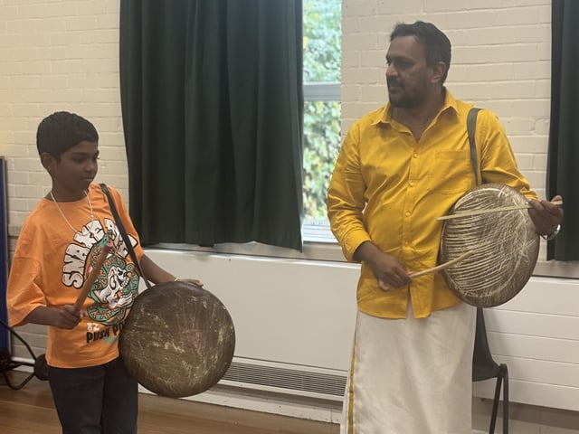 Children and adults came together in Crawley to discover the powerful rhythms of Parai, a traditional Tamil drumming art form, at a community workshop organised by Aurvi Collective