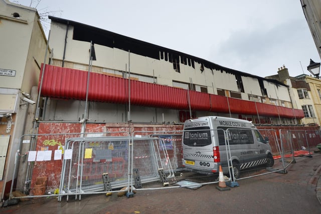 The remains of the former nightclub in George Street, Hastings, after a fire in January 2023.