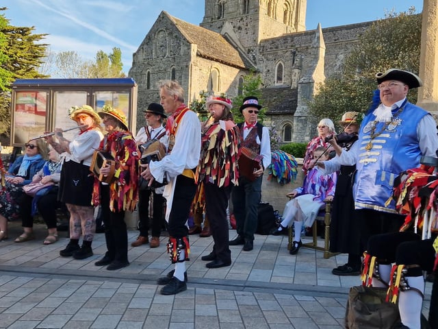 Sompting Village Morris celebrating May Day 2025 in Shoreham, where a large crowd gathered at 7am to watch to fun