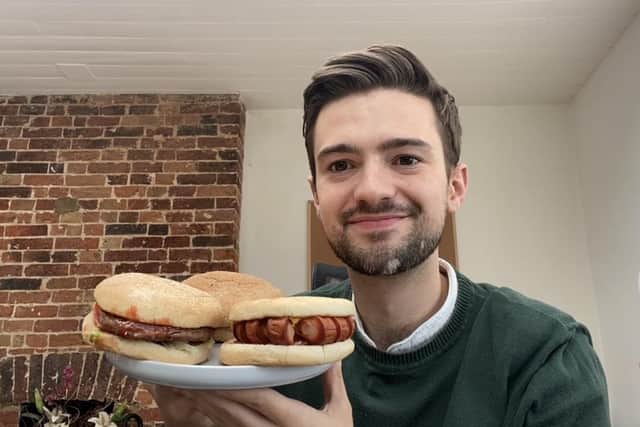 SussexWorld reporter Jacob Panons with his Wimpy order including a 'Bender in a Bun'