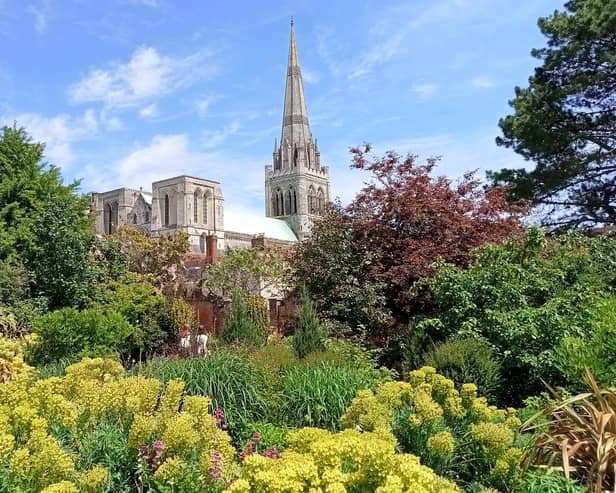The spire of Chichester Cathedral from Bishops Garden taken by Robert Pragnell from Farlington