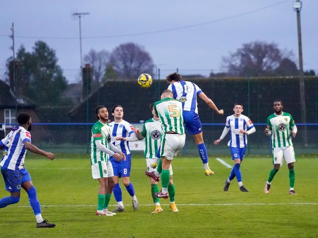 Action from Haywards Heath Town FC;s 1-1 draw with VCD in the Isthmian south east division