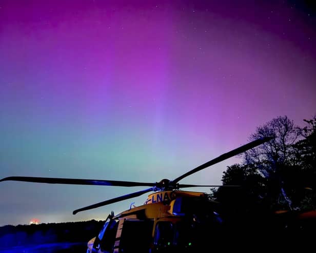This photo shows an AW169 helicopter operated by Air Ambulance Charity Kent Surrey Sussex (KSS), based at Redhill Aerodrome, during the aurora borealis of 10/11 May.A KSS spokesperson said: "On 29th September 2013 we became the first Air Ambulance in the country to provide a 24/7 helicopter service all year round when a team flew to a patient involved in a road traffic collision near Canterbury, treated them and accompanied them to hospital. Since then, we have carried out 4,000 missions by helicopter at night, treating over 2,000 patients and flying for 2,000 hours. In that time our aircraft have flown approximately a quarter of a million miles at night, equivalent to flying around the Earth 11 times or travelling to the moon."