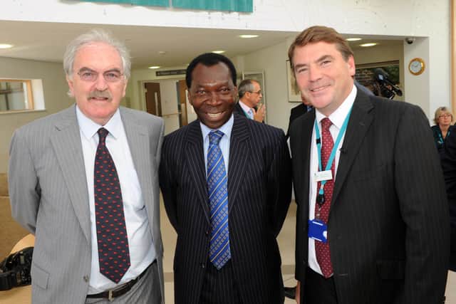 Ambrose Harcourt pictured at the official opening of the St Barnabas Building, in Worthing, in 2011 with Des Lynham and Hugh Lowson - then chief executive of the charity