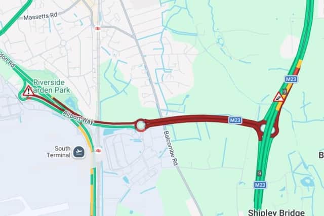 The A23 Airport Way to Gatwick Airport has been shut following a crash. Picture courtesy of the AA
