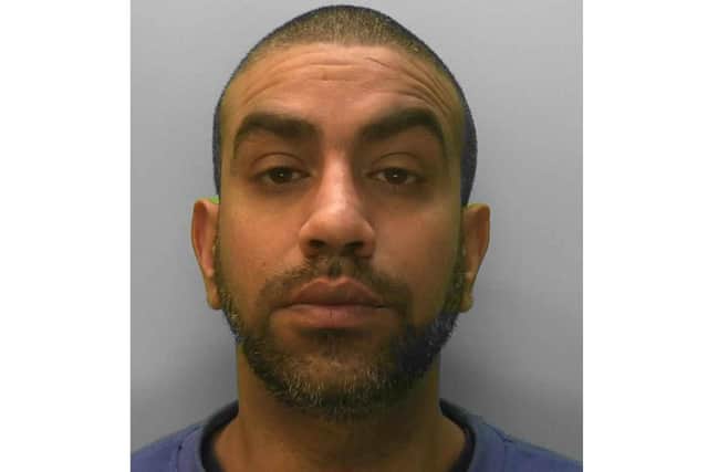 Ameer Tahir, 42, of Kings Road in Brighton, had initially been charged with 13 counts of stalking, but phone enquiries and the discovery of a further mobile phone in his flat uncovered dozens more victims ‘from all over the country’.  Photo: Sussex Police