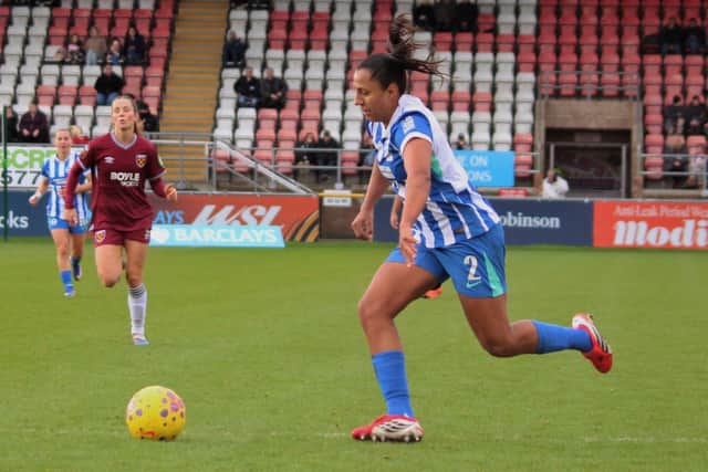 Brighton's Manuela Vanegas (right) strikes in Albion's second goal | Ella Linscott