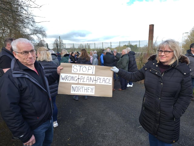 Public gathering by the gates of the Northeye site in Bexhill on Saturday April 1.