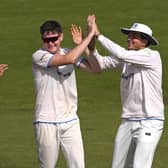 Sussex bowler Jack Carson is congratulated by team mates after dismissing David Bedingham during the LV= Insurance County Championship Division 2 match between Durham and Sussex (Photo by Stu Forster/Getty Images)