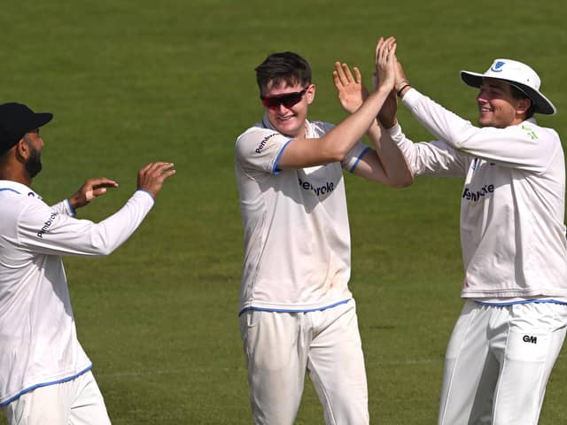 Sussex bowler Jack Carson is congratulated by team mates after dismissing David Bedingham during the LV= Insurance County Championship Division 2 match between Durham and Sussex (Photo by Stu Forster/Getty Images)